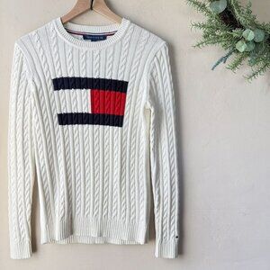 Tommy Hilfiger Ivory White Logo Cable Knit Pullover Sweater